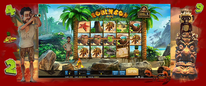 Critique du jeu vidéo de casino en ligne Robinson, une machine à sous Evo Play